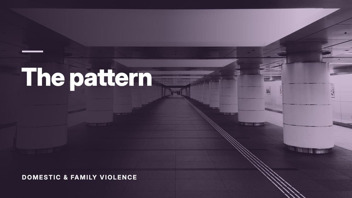 A long, empty corridor lined with identical white columns. Text: “The pattern”, Domestic & Family Violence.