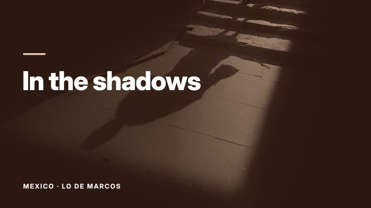 A person's long shadow cast across sunlit paving at the foot of stone steps, surrounded by darkness. Text: “In the shadows”, Mexico: Lo de Marcos.