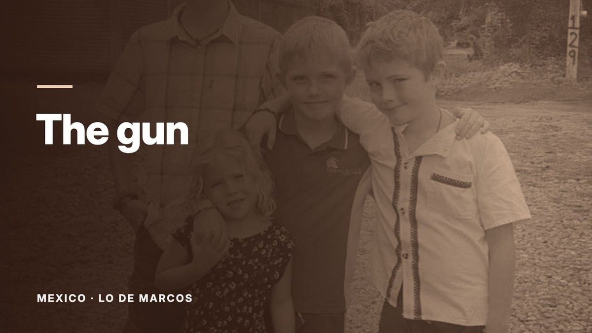 Four children standing together outdoors, smiling at the camera. Text: “The gun”, Mexico: Lo de Marcos.