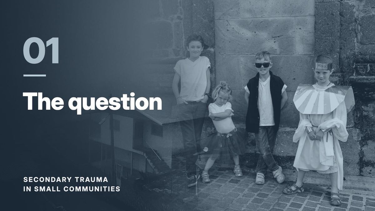 Four children standing against a stone wall, blended with a hillside village in fog, in a slate blue tone. Text reads: “01 The question”, Secondary Trauma in Small Communities.