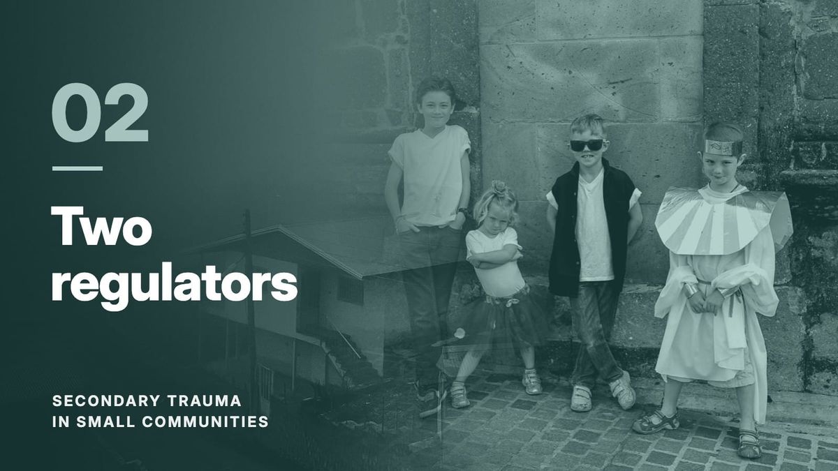 Four children standing against a stone wall, blended with a hillside village in fog, in a teal tone. Text reads: “02 Two regulators”, Secondary Trauma in Small Communities.