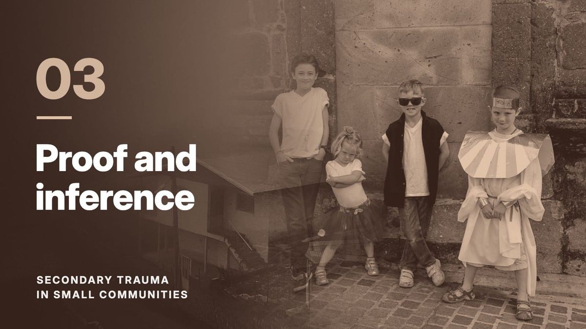 Four children standing against a stone wall, blended with a hillside village in fog, in a rust tone. Text reads: “03 Proof and inference”, Secondary Trauma in Small Communities.