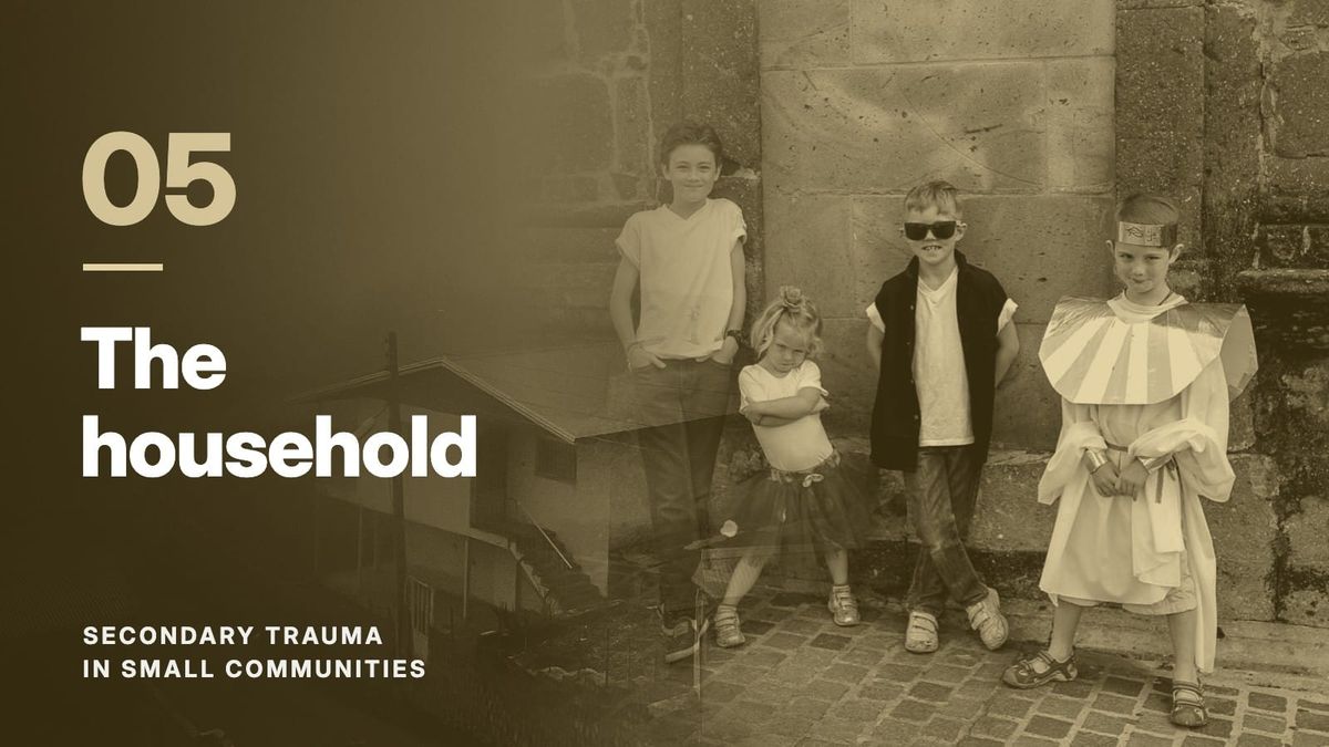Four children against a stone wall, blended with a hillside village in fog, in a ochre tone. Text: “05 The household”, Secondary Trauma in Small Communities.