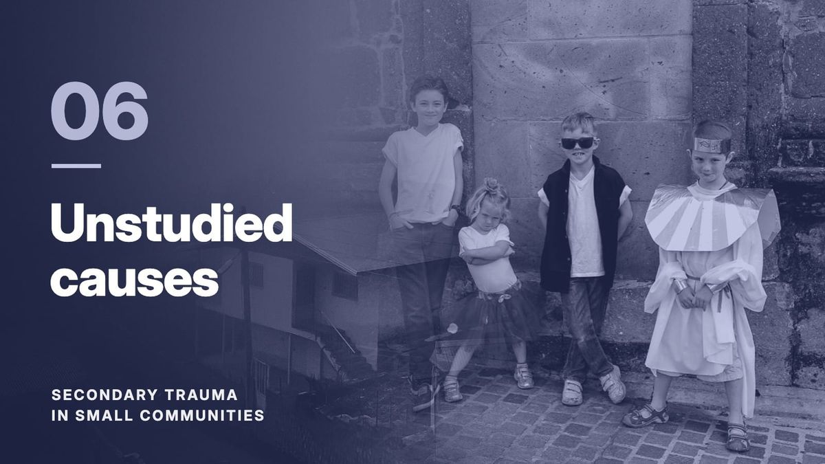 Four children against a stone wall, blended with a hillside village in fog, in a indigo tone. Text: “06 Unstudied causes”, Secondary Trauma in Small Communities.
