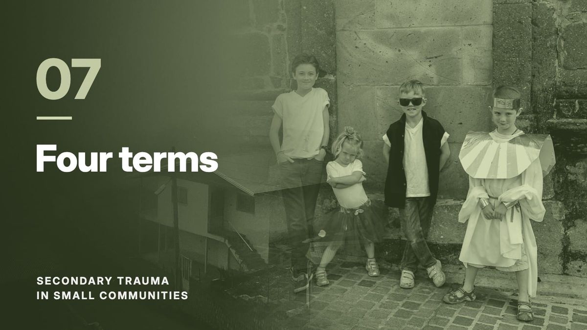 Four children against a stone wall, blended with a hillside village in fog, in a moss green tone. Text: “07 Four terms”, Secondary Trauma in Small Communities.