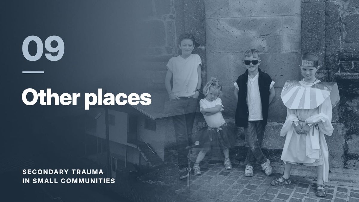Four children against a stone wall, blended with a hillside village in fog, in a steel blue tone. Text: “09 Other places”, Secondary Trauma in Small Communities.