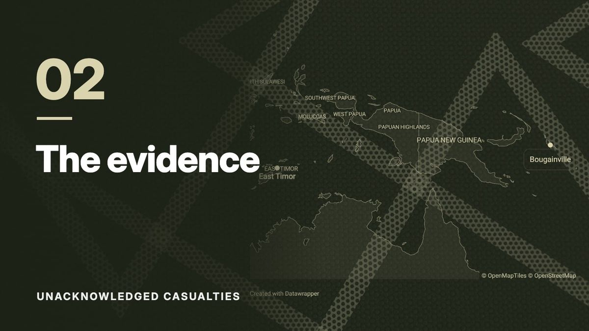 Map of East Timor, Papua New Guinea and Bougainville over a pattern of crossing dotted lines, in olive tones. Text: “02 The evidence”, Unacknowledged Casualties.