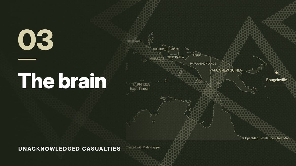 Map of East Timor, Papua New Guinea and Bougainville over a pattern of crossing dotted lines, in olive tones. Text: “03 The brain”, Unacknowledged Casualties.