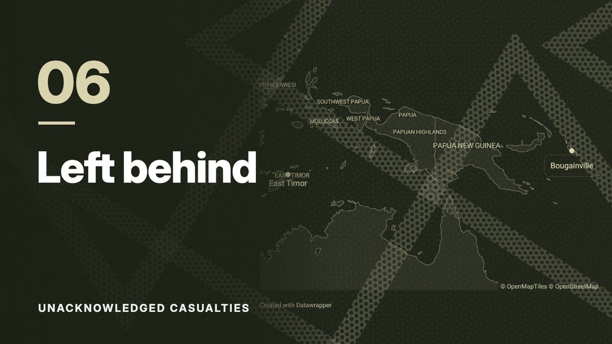 Map of East Timor, Papua New Guinea and Bougainville over a pattern of crossing dotted lines, in olive tones. Text: “06 Left behind”, Unacknowledged Casualties.
