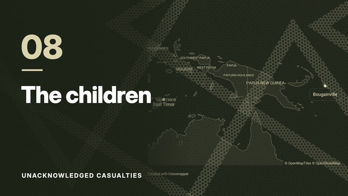 Map of East Timor, Papua New Guinea and Bougainville over a pattern of crossing dotted lines, in olive tones. Text: “08 The children”, Unacknowledged Casualties.