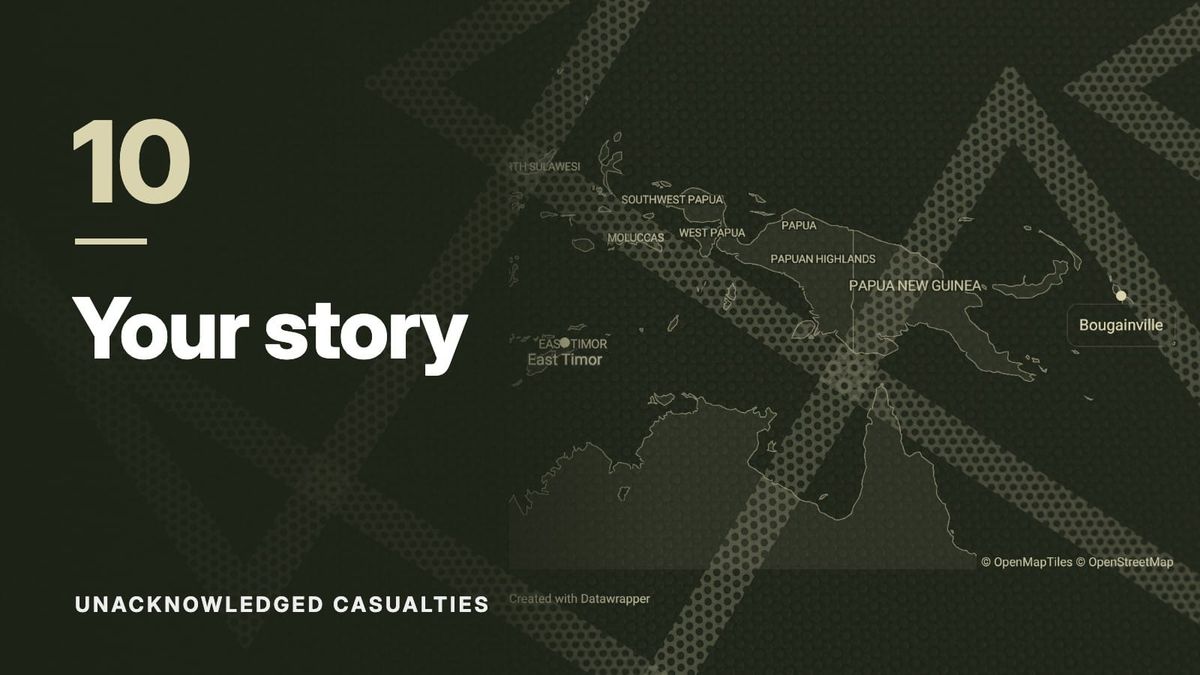 Map of East Timor, Papua New Guinea and Bougainville over a pattern of crossing dotted lines, in olive tones. Text: “10 Your story”, Unacknowledged Casualties.