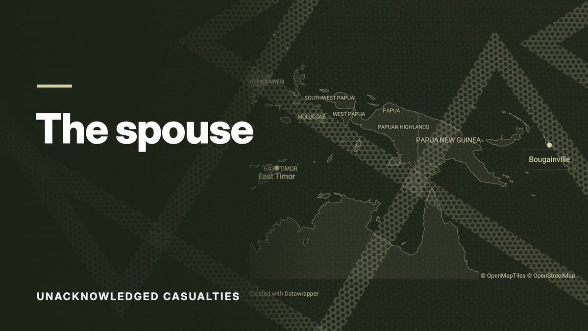 Map of East Timor, Papua New Guinea and Bougainville over a pattern of crossing dotted lines, in olive tones. Text: “The spouse”, Unacknowledged Casualties.