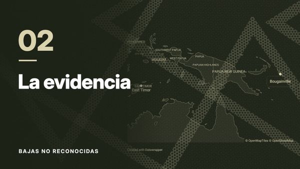 Mapa de Timor Oriental, Papúa Nueva Guinea y Bougainville sobre un patrón de líneas cruzadas, en tonos oliva. Texto: «02 La evidencia», Bajas no reconocidas.