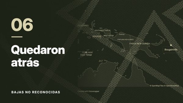 Mapa de Timor Oriental, Papúa Nueva Guinea y Bougainville sobre un patrón de líneas cruzadas, en tonos oliva. Texto: «06 Quedaron atrás», Bajas no reconocidas.