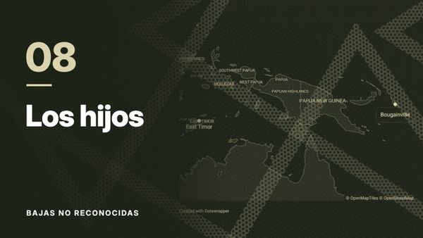 Mapa de Timor Oriental, Papúa Nueva Guinea y Bougainville sobre un patrón de líneas cruzadas, en tonos oliva. Texto: «08 Los hijos», Bajas no reconocidas.