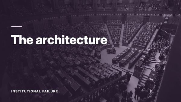 A parliamentary chamber seen from above, with curved rows of occupied seats. Text: “The architecture”, Institutional Failure.