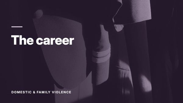 A dark navy uniform jacket with silver buttons, in sunlight. Text: “The career”, Domestic & Family Violence.