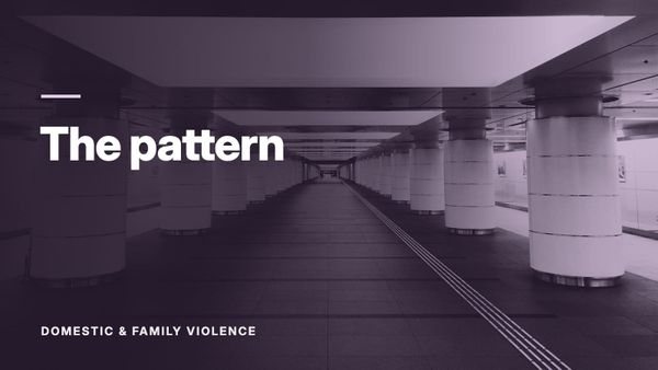 A long, empty corridor lined with identical white columns. Text: “The pattern”, Domestic & Family Violence.