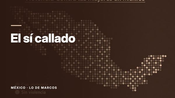 Un mapa de México dibujado con puntos rojos y blancos sobre un fondo azul oscuro. Texto: «El sí callado», México: Lo de Marcos.