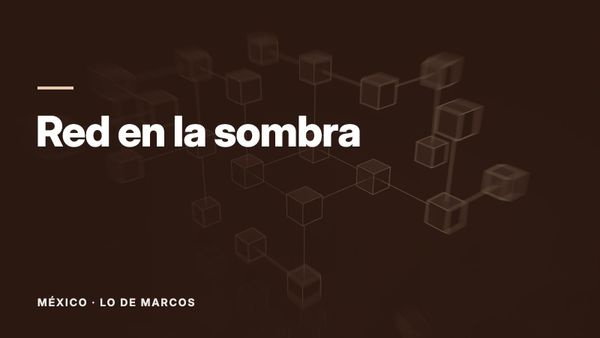 Una red de cubos luminosos unidos por líneas sobre un fondo negro. Texto: «Red en la sombra», México: Lo de Marcos.