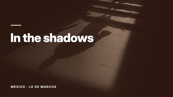 A person's long shadow cast across sunlit paving at the foot of stone steps, surrounded by darkness. Text: “In the shadows”, Mexico: Lo de Marcos.