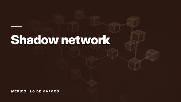 A network of glowing cubes joined by lines on a black background. Text: “Shadow network”, Mexico: Lo de Marcos.