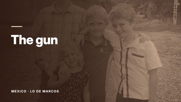 Four children standing together outdoors, smiling at the camera. Text: “The gun”, Mexico: Lo de Marcos.