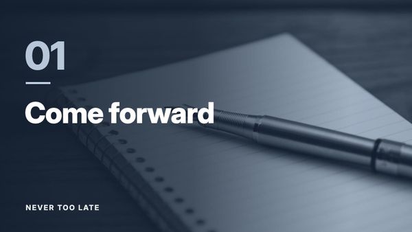 A fountain pen resting on an open spiral notebook. Text: “01 Come forward”, Never Too Late.