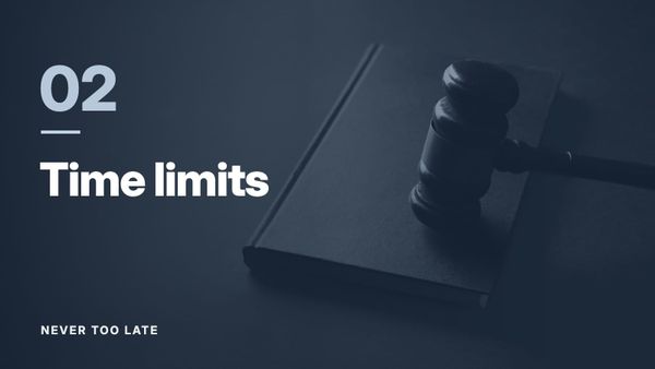 A wooden gavel resting on a closed book. Text: “02 Time limits”, Never Too Late.