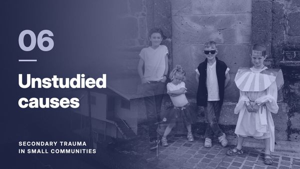 Four children against a stone wall, blended with a hillside village in fog, in a indigo tone. Text: “06 Unstudied causes”, Secondary Trauma in Small Communities.