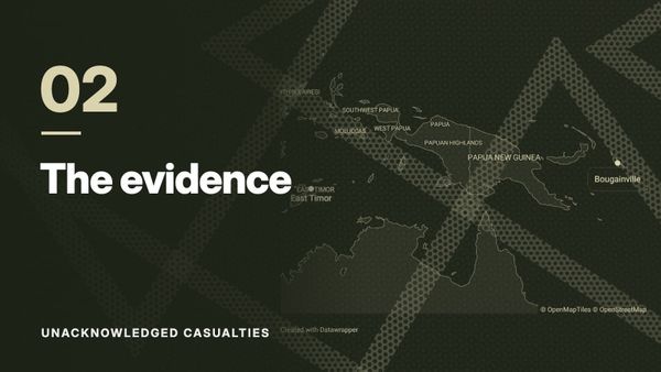 Map of East Timor, Papua New Guinea and Bougainville over a pattern of crossing dotted lines, in olive tones. Text: “02 The evidence”, Unacknowledged Casualties.