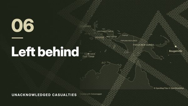 Map of East Timor, Papua New Guinea and Bougainville over a pattern of crossing dotted lines, in olive tones. Text: “06 Left behind”, Unacknowledged Casualties.