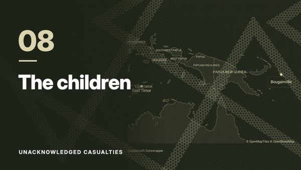 Map of East Timor, Papua New Guinea and Bougainville over a pattern of crossing dotted lines, in olive tones. Text: “08 The children”, Unacknowledged Casualties.
