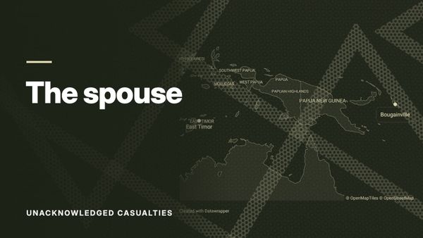 Map of East Timor, Papua New Guinea and Bougainville over a pattern of crossing dotted lines, in olive tones. Text: “The spouse”, Unacknowledged Casualties.