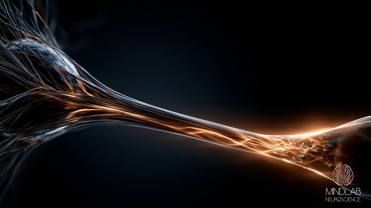 A single neuron firing, with copper light concentrated at the synapse — the moment the brain physically rewires itself.
