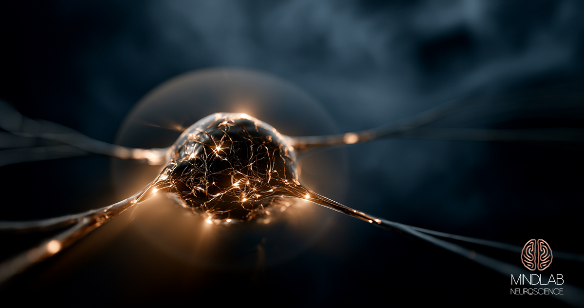 A single human neuron, compact and centered, with copper-lit dendrites extending outward — the refractory window in which the new wiring locks in.