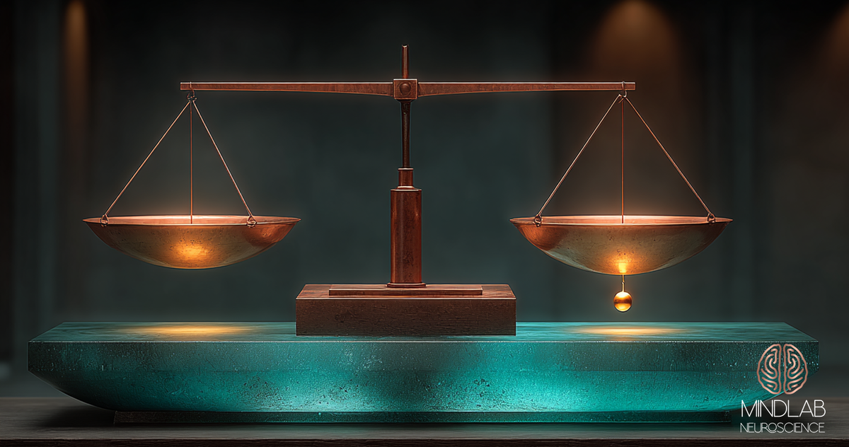 A copper balance scale on deep navy, both pans glowing with warm copper light, a small counterweight on the rising side as the mechanism settles near level.