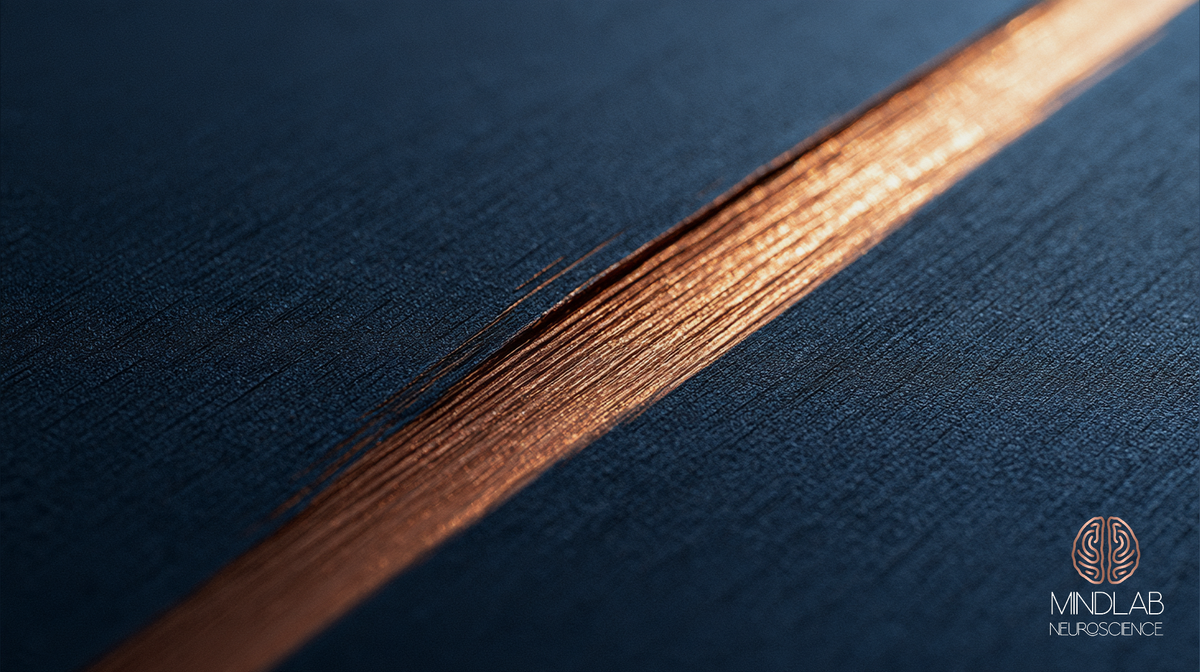 Extreme macro of a broad copper band worn through a fine grained navy surface, brightest at upper right, thin single strokes at its edge, the lower half of the frame darker.