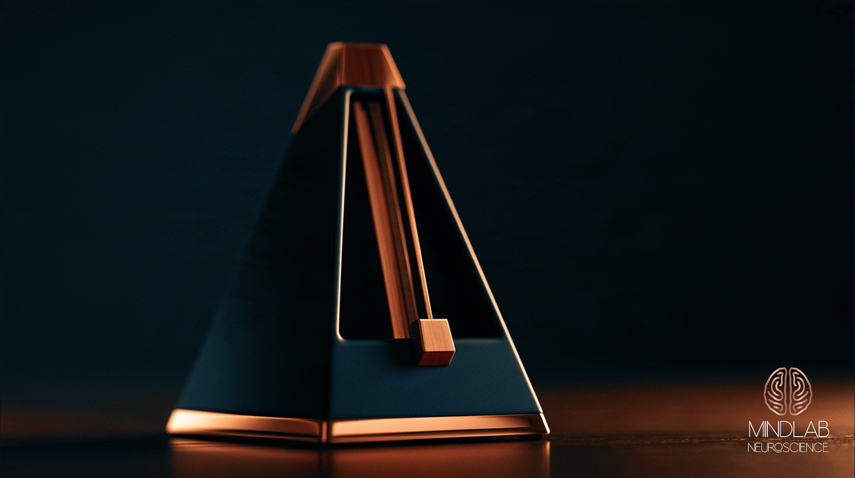 A copper and navy metronome at rest in the dark, its copper pendulum rod upright in the front window with the weight set low.
