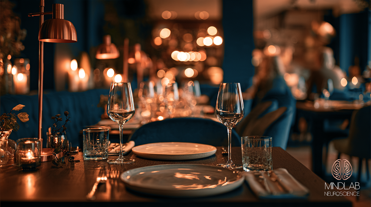 Seated at a restaurant table for two, looking across an untouched place setting to an empty navy velvet chair.