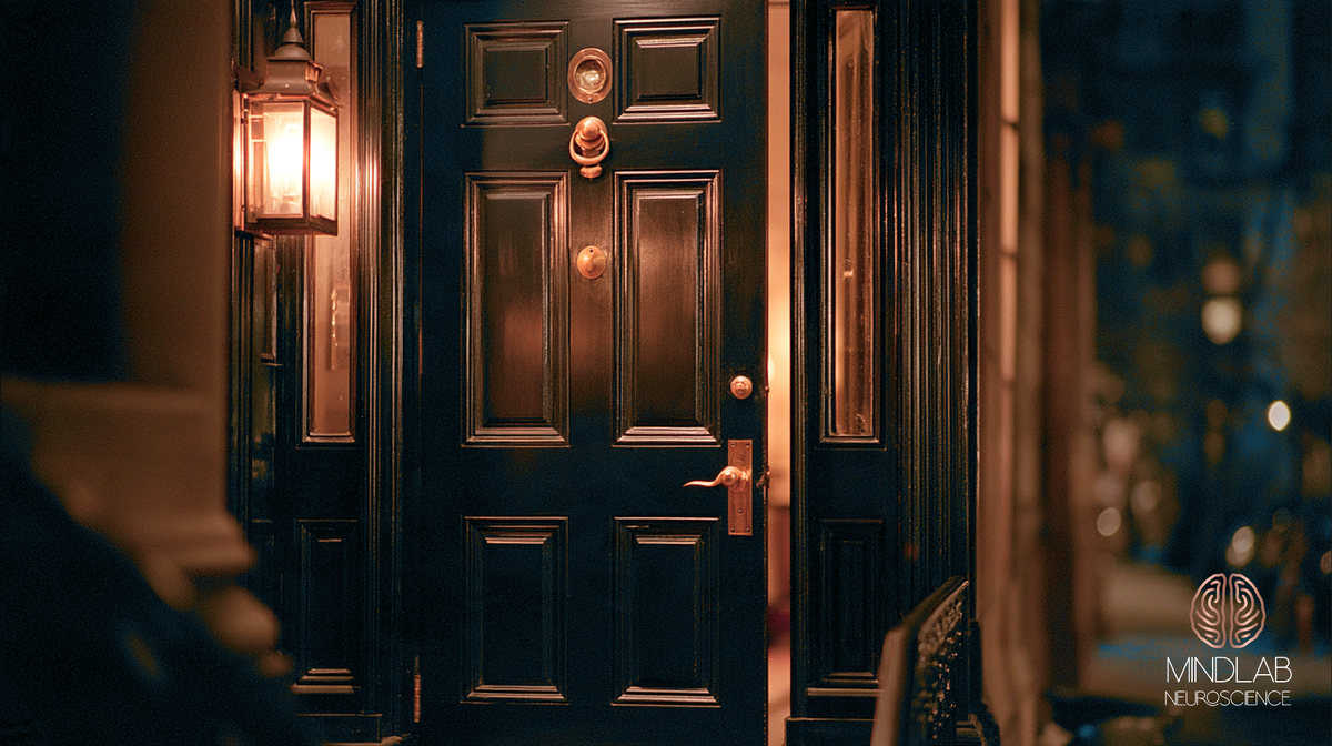 Night view of a navy townhouse front door standing slightly ajar, a copper ring knocker and peephole high on the door, a copper handle below, a lantern glowing at left.