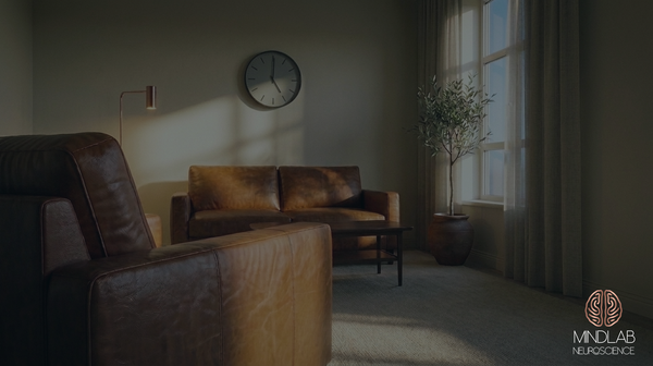 A quiet consulting room in low afternoon light: two leather chairs, a sofa, a clock on the wall, a copper lamp and an olive tree by the window.