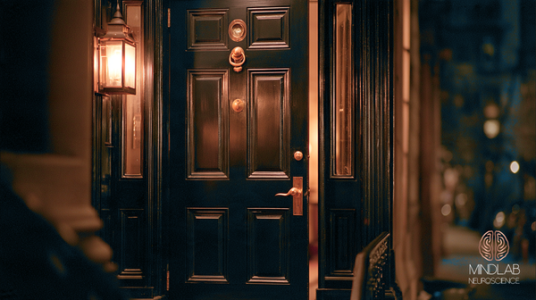 Night view of a navy townhouse front door standing slightly ajar, a copper ring knocker and peephole high on the door, a copper handle below, a lantern glowing at left.