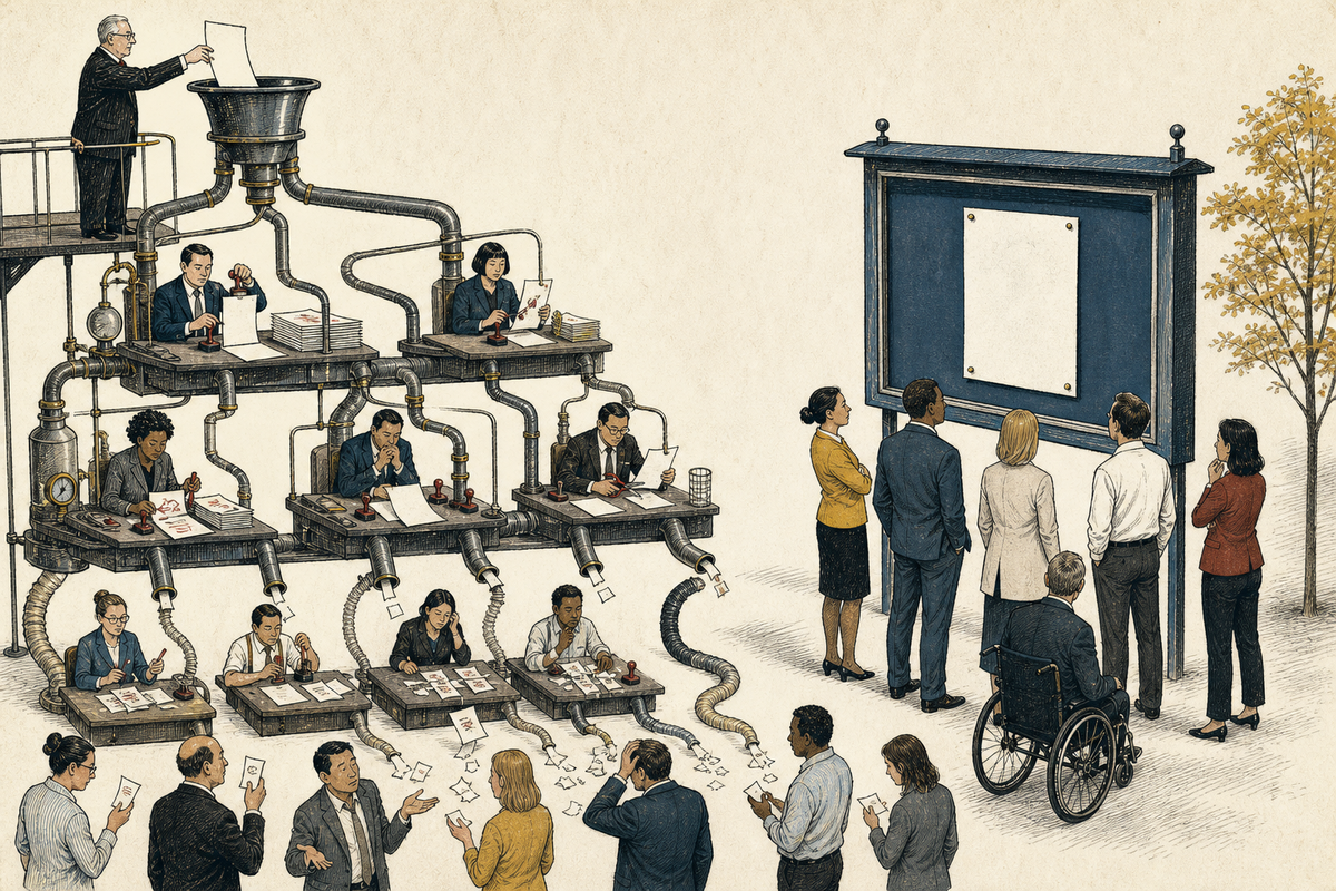 A bureaucratic machine passes a document through layers of managers while a group consults one authoritative public notice.