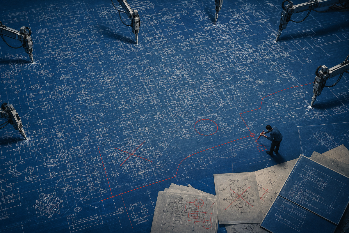 A small engineer marks a few decisive red architectural corrections across a vast blue blueprint being drawn by automated plotters.