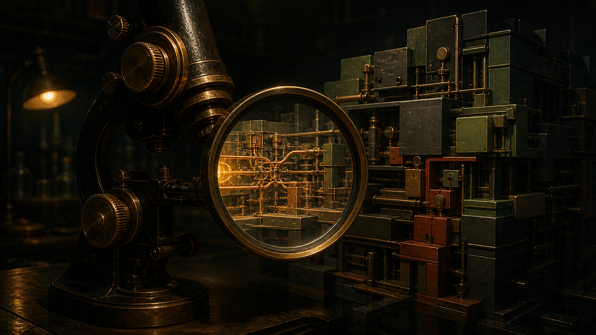 A brass microscope reveals fine connections inside a large modular machine that appears coarse outside the lens.