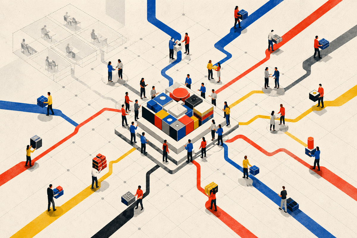 An abstract network of individual engineers carrying coloured components along separate paths into a shared product platform.