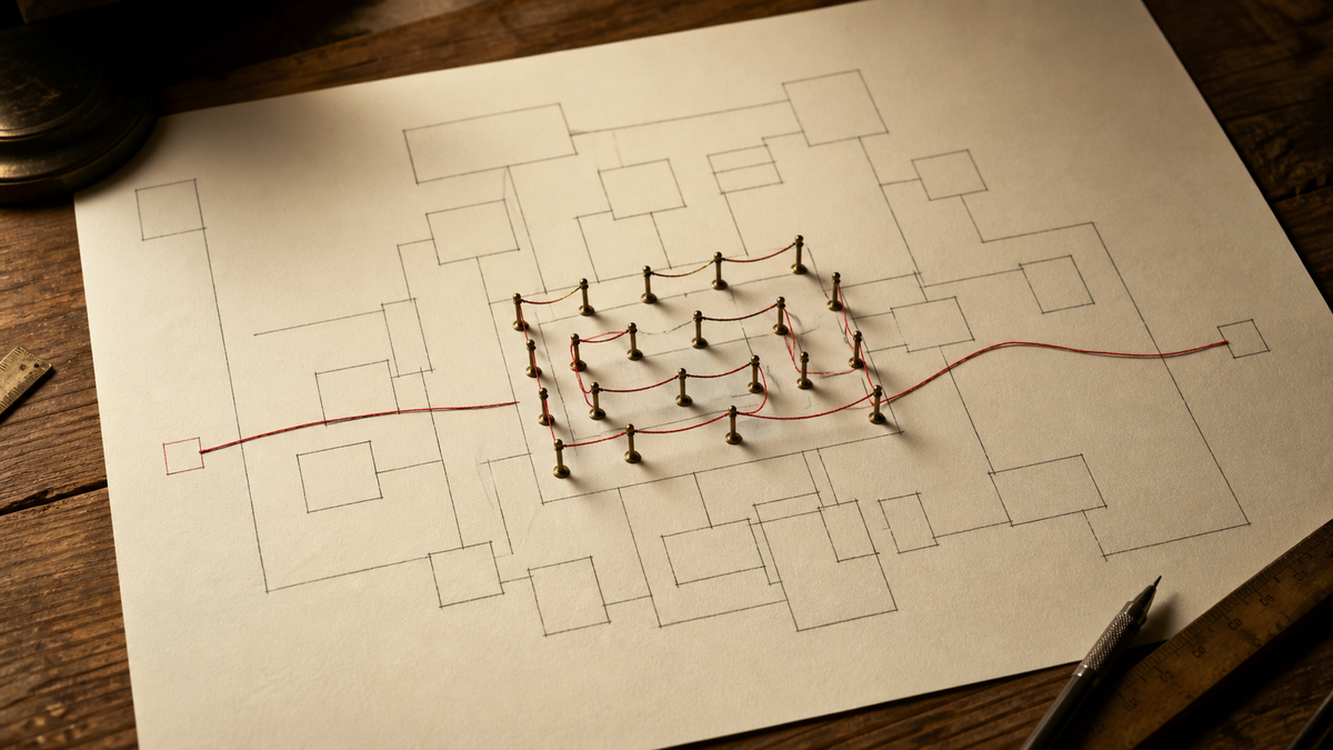 An oxide-red thread crosses an architectural systems drawing, queues through miniature brass barriers, then continues across the page.