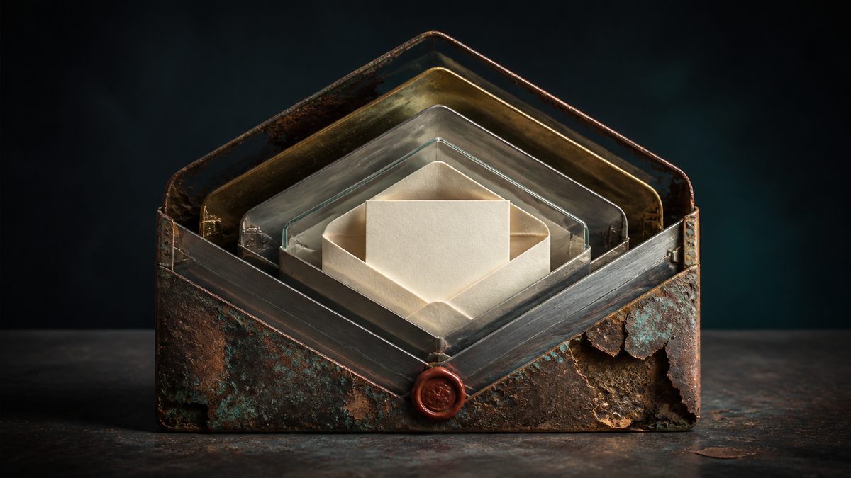 A pristine paper card nested inside increasingly elaborate glass and metal envelopes whose outer layers are corroding.