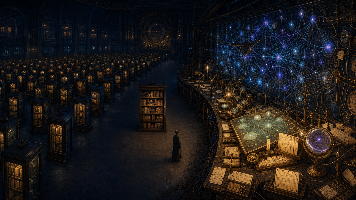 A dark library divided into hundreds of locked book cabinets beside an elaborate glowing map room that traces their connections.